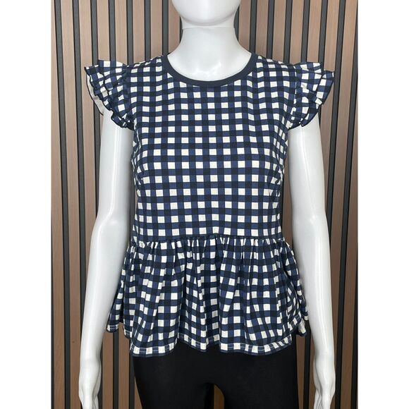 Kate Spade New York Women's Top T-Shirt Peplum Navy Gingham Check Ruffle Sleeve - Picture 1 of 8